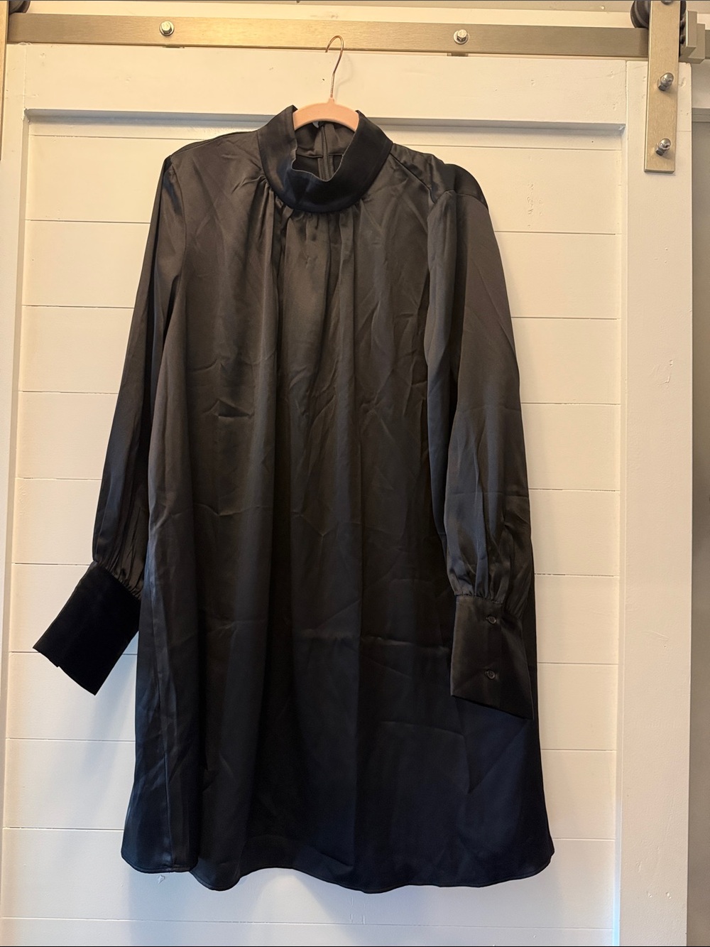 Women's Black Satin High-Neck Long Sleeve Coat